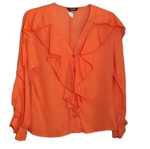 New Bright Orange V-Neck Ruffled Blouse  w/ Elastic & Ruffle at Wrist sz Medium